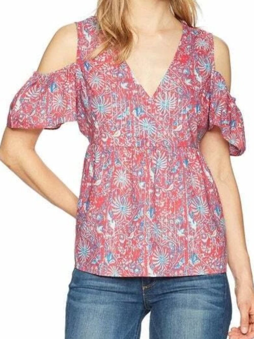Lucky Brand Gorgeous Pink Flowy Cold Shoulder Floral Top Babydoll Style Summer